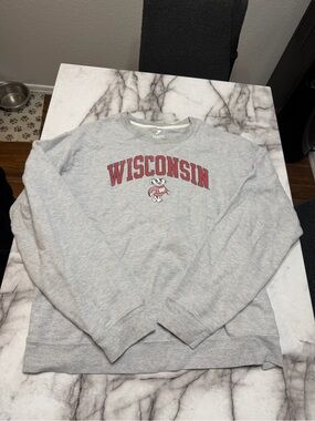 League Gray Crewneck with Red Wisconsin Arch and Mascot